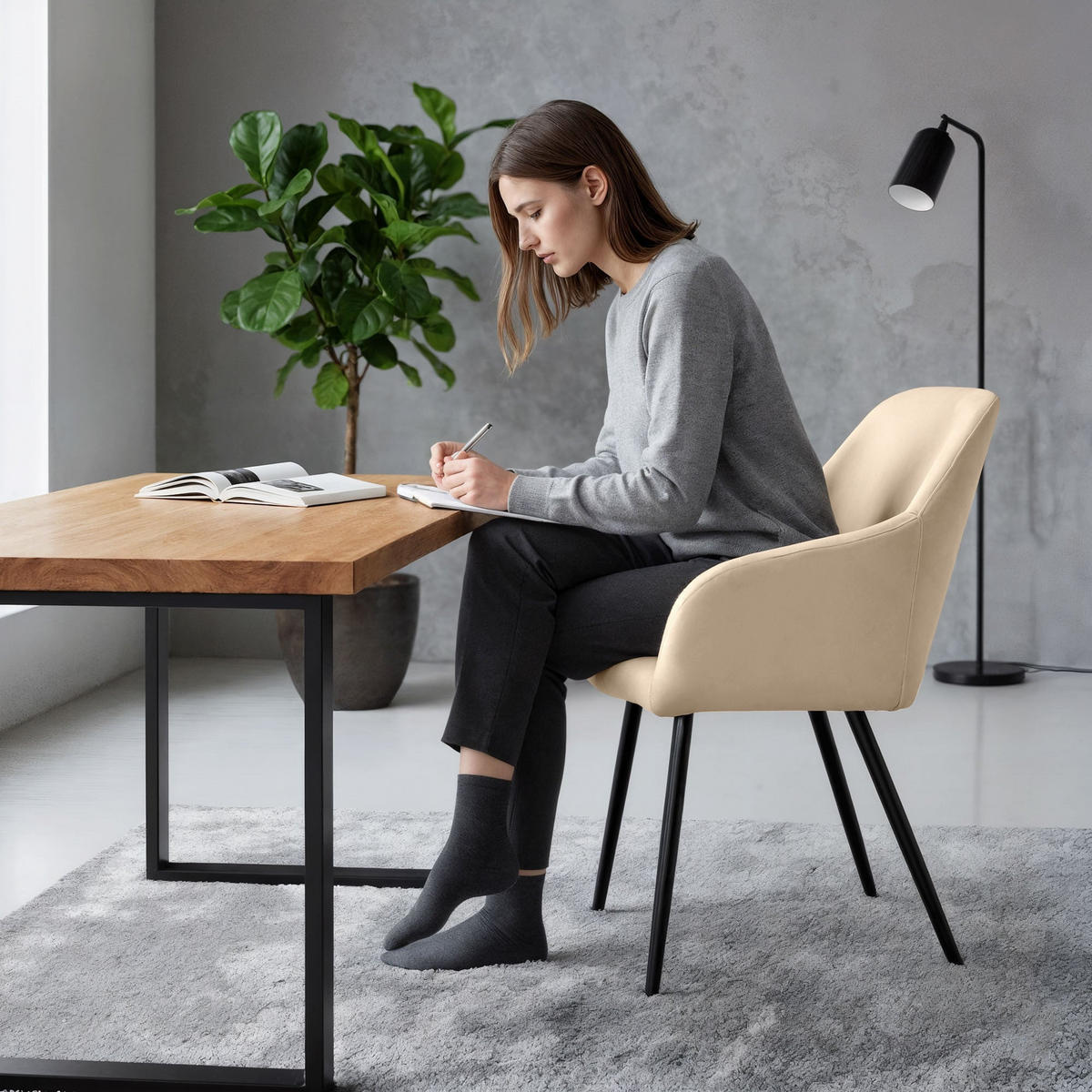 POLSTERSTUHL 6er Set, Metallbeine Beige, Schwarz 54,5/83/58 - Beige/Schwarz, Textil (55/83/58cm) - RAUMHIRSCH FURNITURE