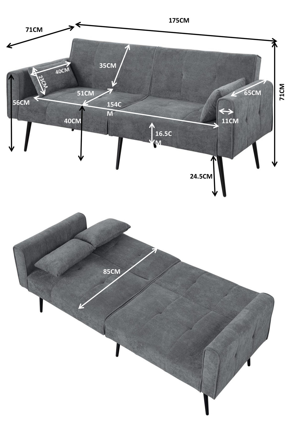SCHLAFSOFA 175/71/71 cm Grau Cord - Grau, Textil (175/71/71cm) - Oxeza