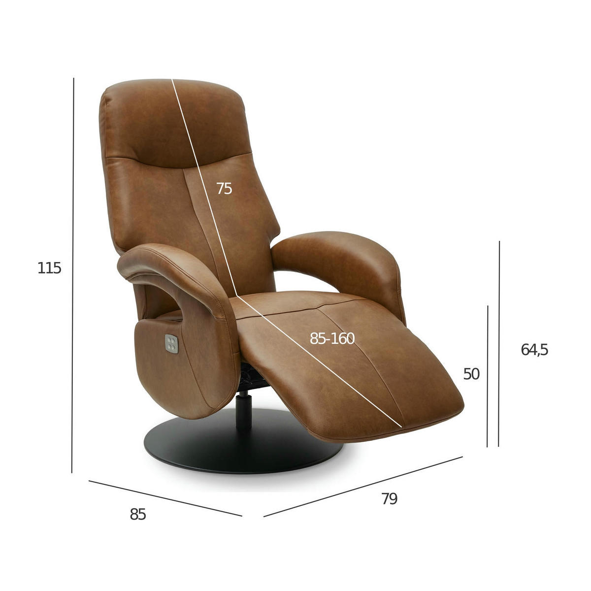 RELAXSESSEL Echtleder Cognac Braun - Schwarz/Braun, Leder/Metall (79/115/85cm) - Furnhouse