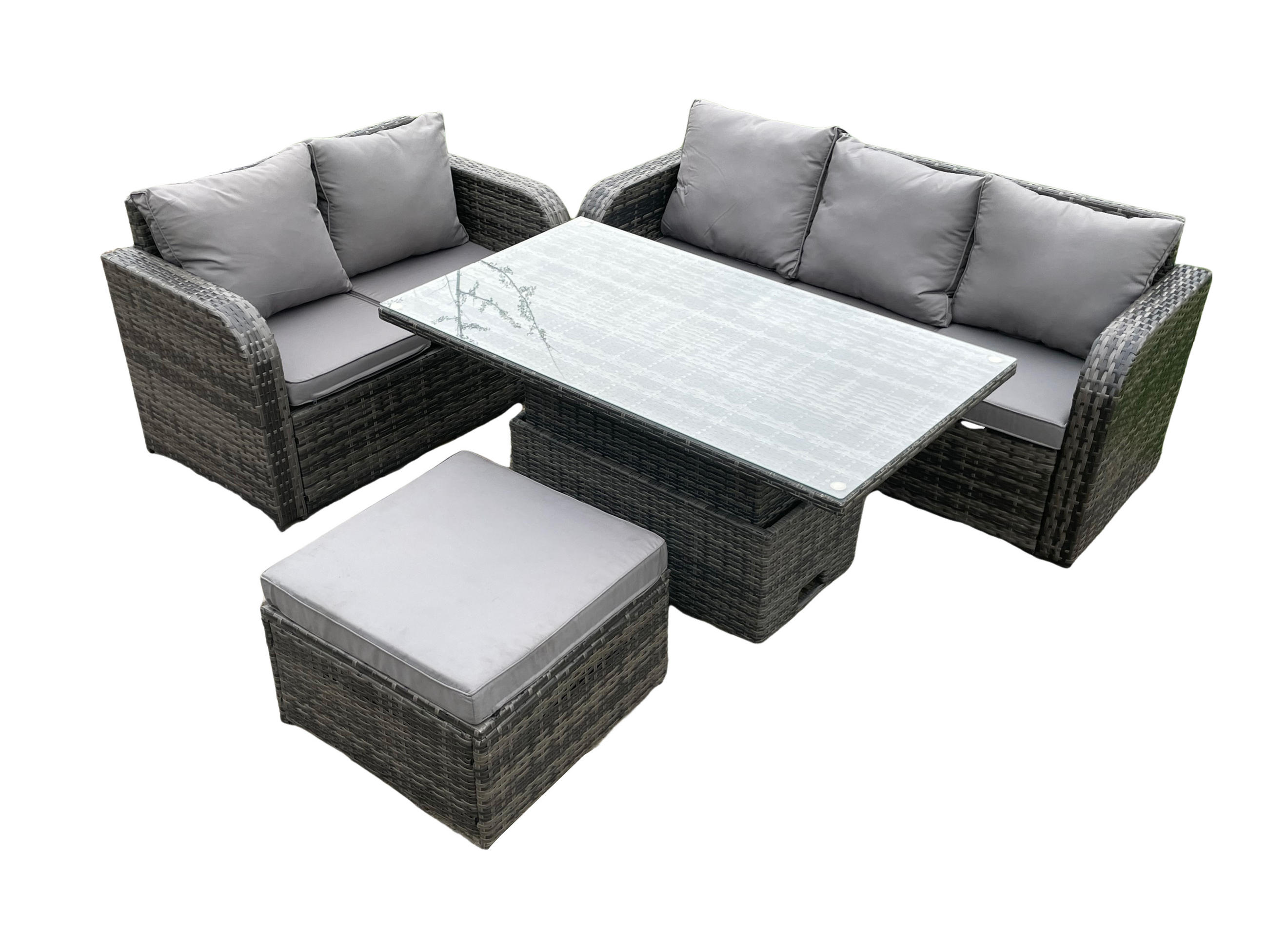 GARTENSOFA-SET HÖHENVERSTELLBARER ESSTISCH Polyrattan Outdoor 6-Sitzer - Dunkelgrau/Grau, Glas/Kunststoff - Fimous