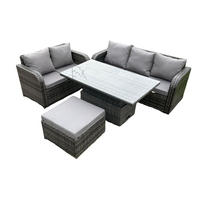 GARTENSOFA-SET HÖHENVERSTELLBARER ESSTISCH Polyrattan Outdoor 6-Sitzer - Dunkelgrau/Grau, Glas/Kunststoff - Fimous