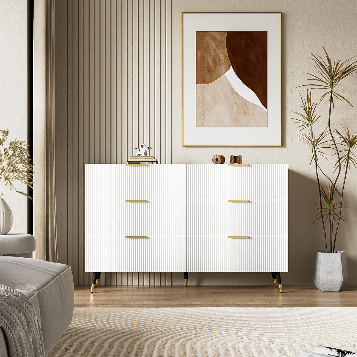 SIDEBOARD mit 6 Schubladen, mit goldenen Griffen und Beinen, modernes Wellendesign, 120/40/77 cm, Weiß - Weiß, Holzwerkstoff (120/40/70cm) - Redom