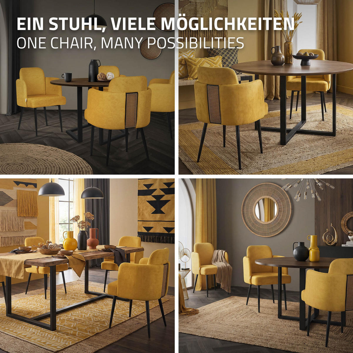ESSZIMMERSTÜHLE 2er Set Senf mit Stoffbezug Rattan Optik - Gelb/Schwarz, Textil/Metall (59/86/59cm) - ML-DESIGN