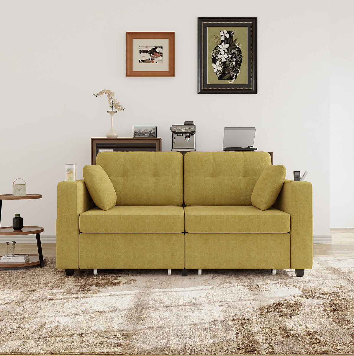 POHOVKA 172/75/82 cm hořčičně žlutá z chenille s USB nabíjením a úložnými zásuvkami - žlutá, textil (75/82/172cm) - OKWISH
