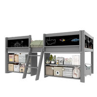 HALBHOHES BETT 90x200cm Grau Kiefer Einlegeböden Geländer Leiter - Grau, Holz (90/200cm) - FLIEKS