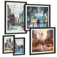 BILDER SET 5er Set - 50x50 cm & 20x30 cm & 40x60 cm Schwarzer Rahmen - Moderne, farbenfrohe Städte mit Charakteren - Schwarz, Kunststoff (40/60cm) - TULUP