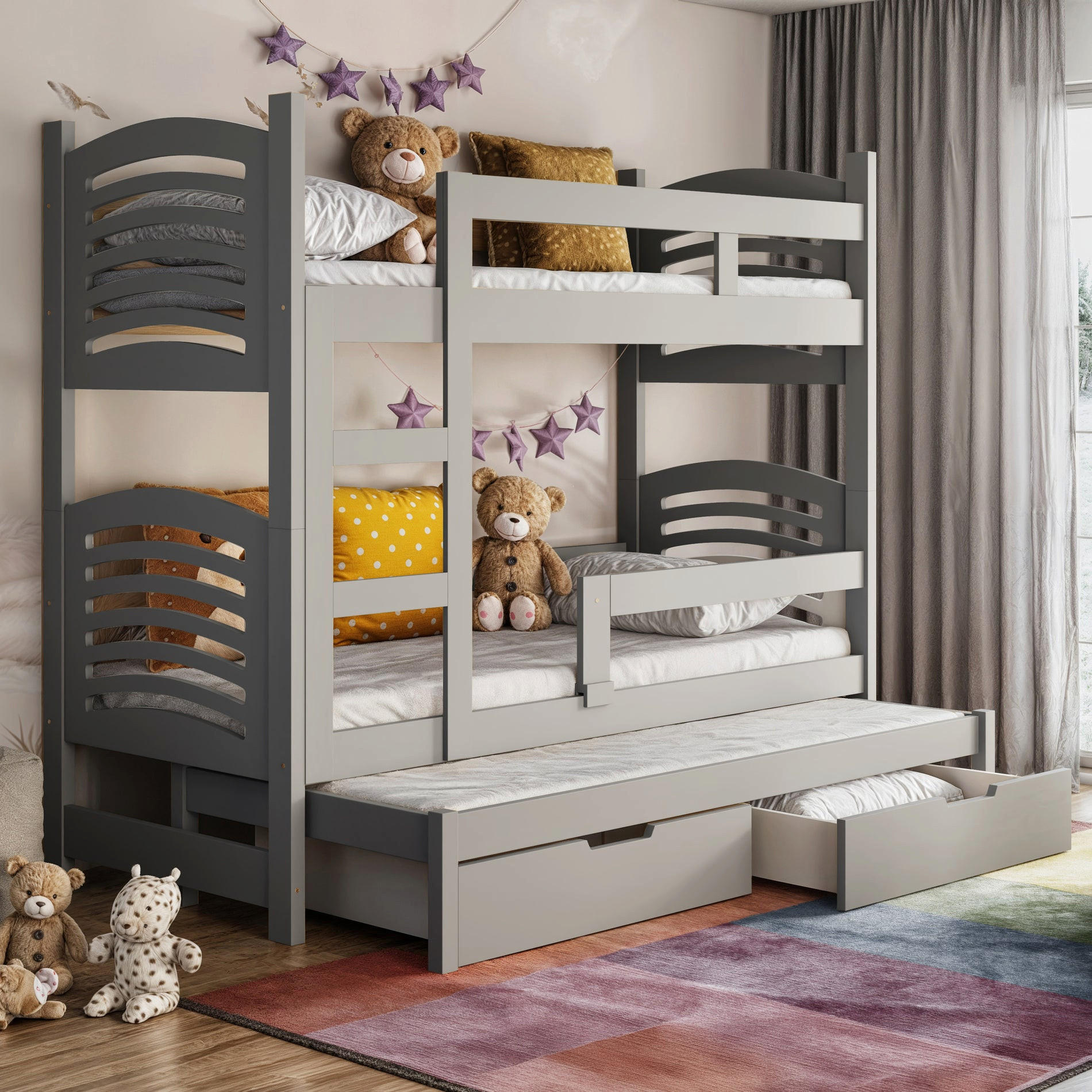 ETAGENBETT FÜR 3 PERSONEN MIT MATRATZEN Cami 75x180 cm - Grau, Holz (75/180cm) - Selsey