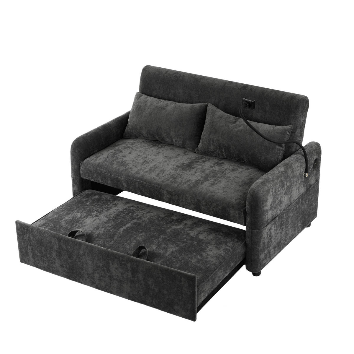 SCHLAFSOFA aus Chenille 129x76x81 cm Grau ausziehbar mit USB-Anschluss, verstellbarer Rückenlehne und Seitentaschen - Grau, Textil (76/81/129cm) - Modfu