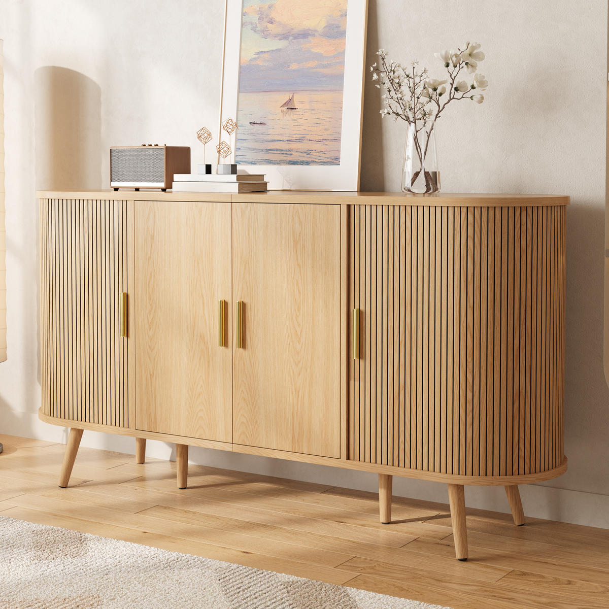 SIDEBOARD Schiebetüren Rillenoptik Metallgriffe Gebogenes Design - Naturfarben, Holzwerkstoff (150/79/40cm) - FLIEKS