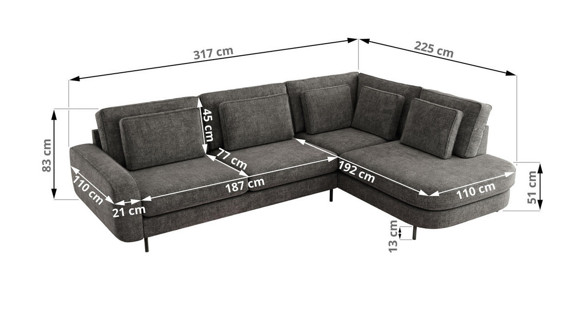 ROHOVÁ SEDAČKA CALENO L - Šedá hladký senil - Levá Strana - černá/tmavě šedá, kov/textil (317/225cm) - MKS
