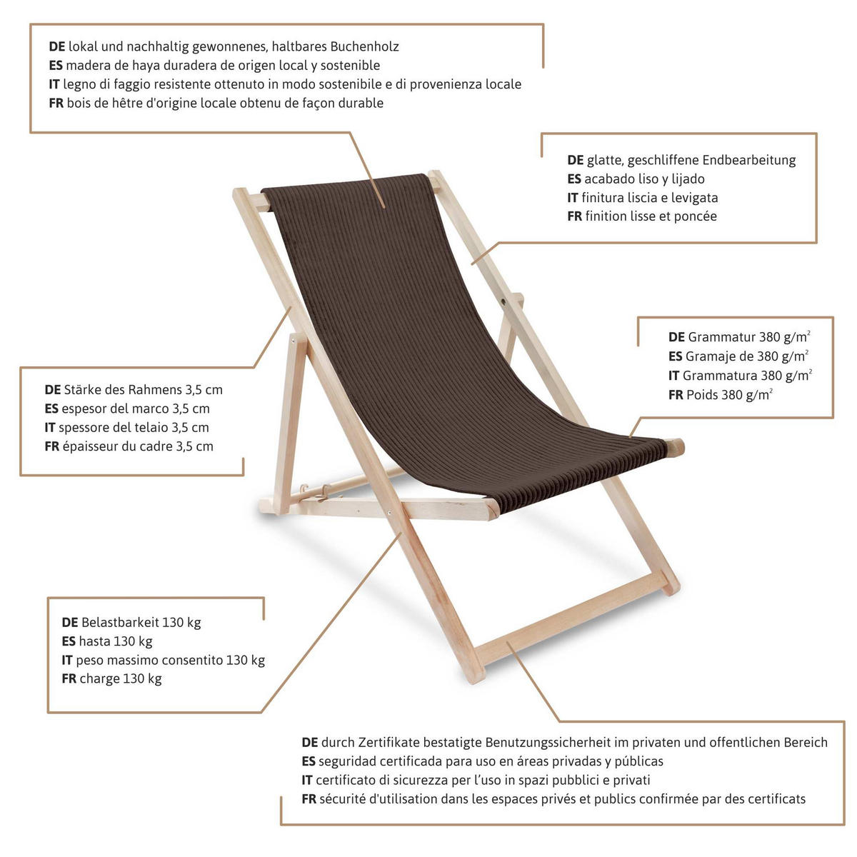 HOLZLIEGESTUHL klappbar Buchenholz Cord-Gewebe Dark Chocolate M - Dunkelbraun/Braun, Holz/Textil (54/85/92cm) - Dreamroots