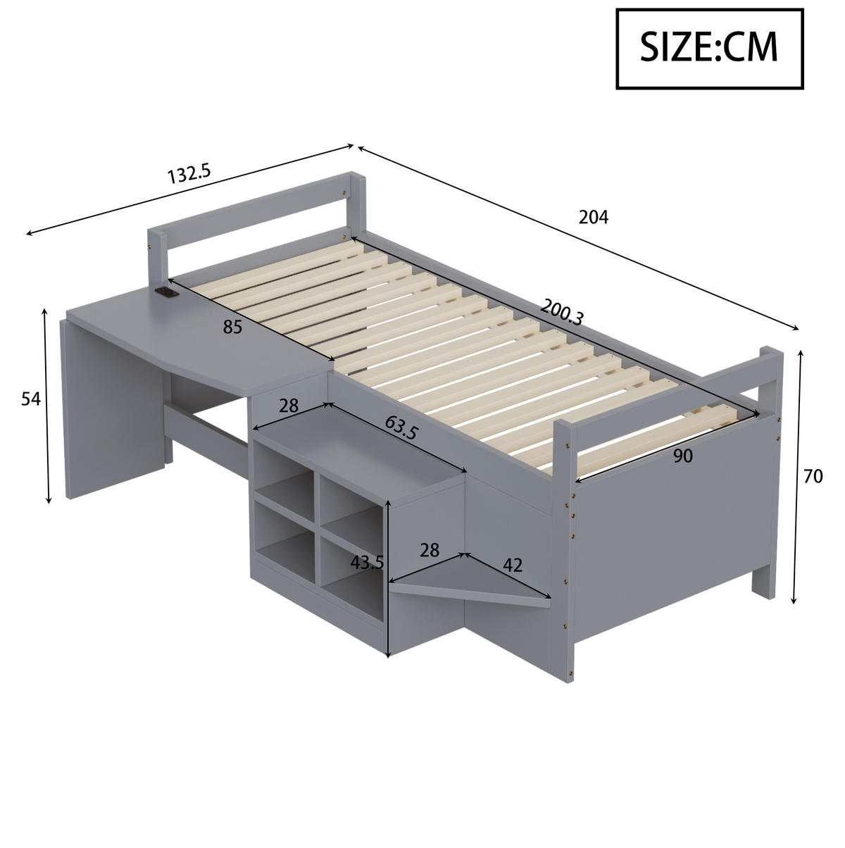 BETT mit Schreibtisch und Stauraum 90x200 cm Grau, Holz - Grau, Holzwerkstoff (90/200cm) - Beauniv