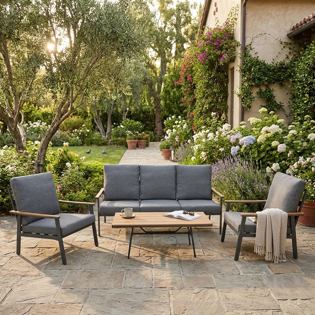 LOUNGESET Tamworth - Ecksofa und Loungetisch, Aluminium grau, Tisch mit Glasplatte, mit Polstern - Grau, Metall - TPFGarden