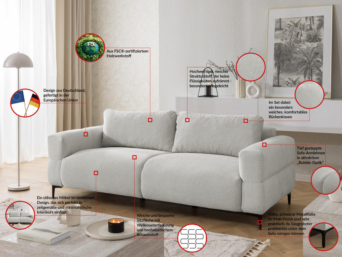 SITZGARNITUR 3+2+1 Cardea in Bubble-Optik aus weichem Hellgrau Strukturstoff mit hohem Sitzkomfort - Hellgrau/Schwarz, Holz/Textil (217/80/97cm) - S-Style Möbel