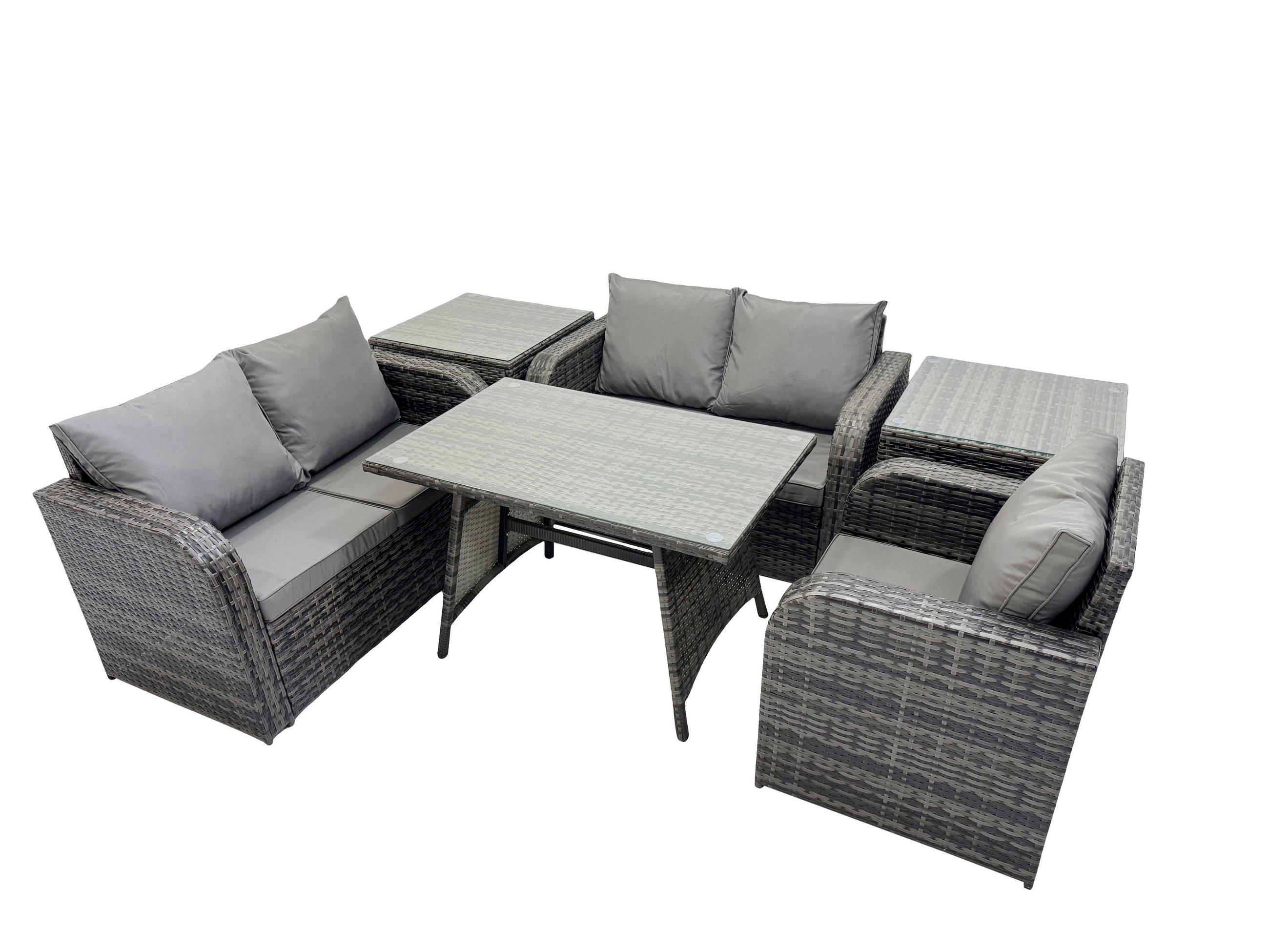 BALKONSET mit ESSTISCH SOFA Polyrattan Dunkelgrau 5-Sitzer - Dunkelgrau/Grau, Glas/Kunststoff - Fimous