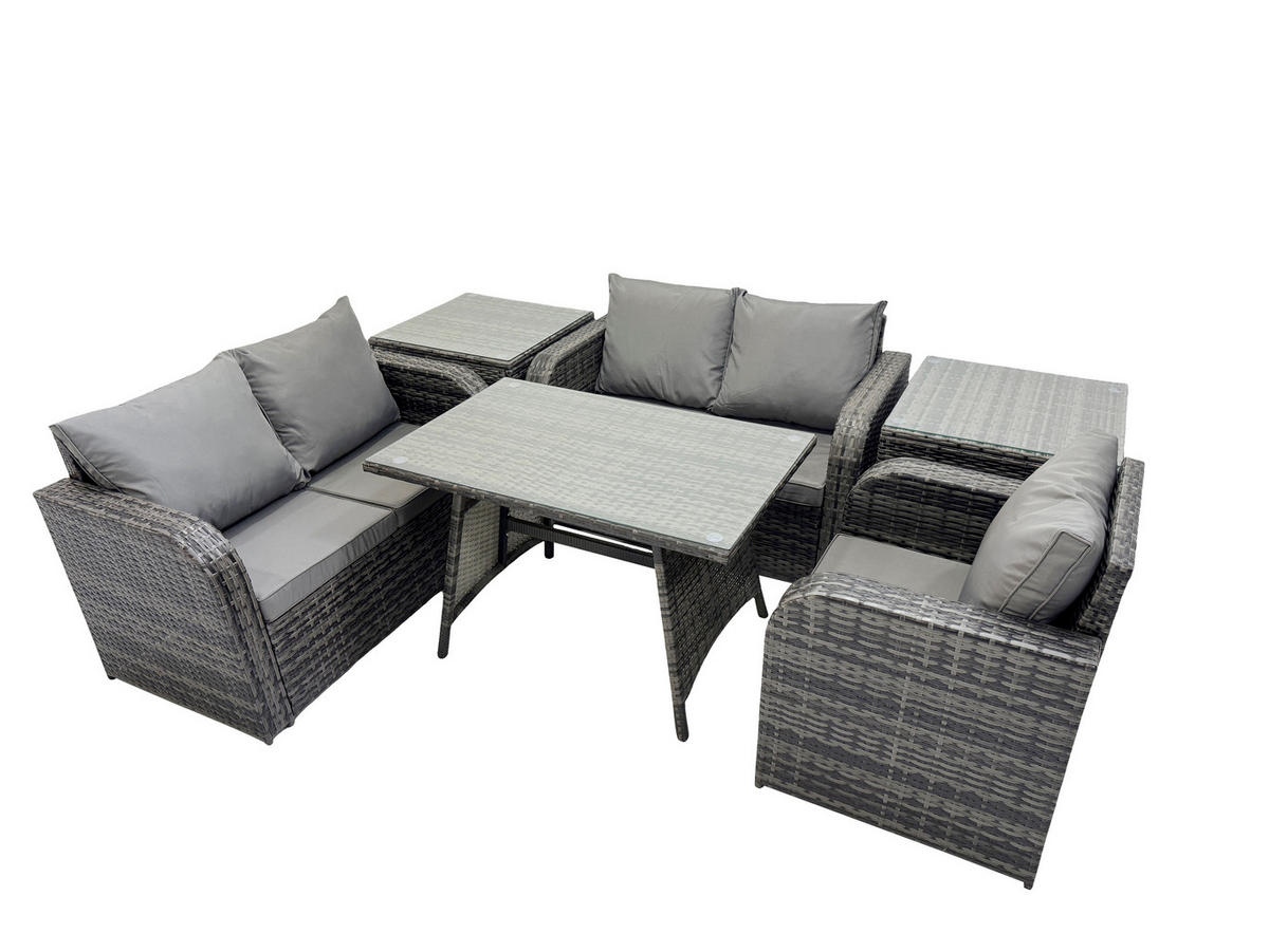 BALKONSET mit ESSTISCH SOFA Polyrattan Dunkelgrau 5-Sitzer - Dunkelgrau/Grau, Glas/Kunststoff - Fimous