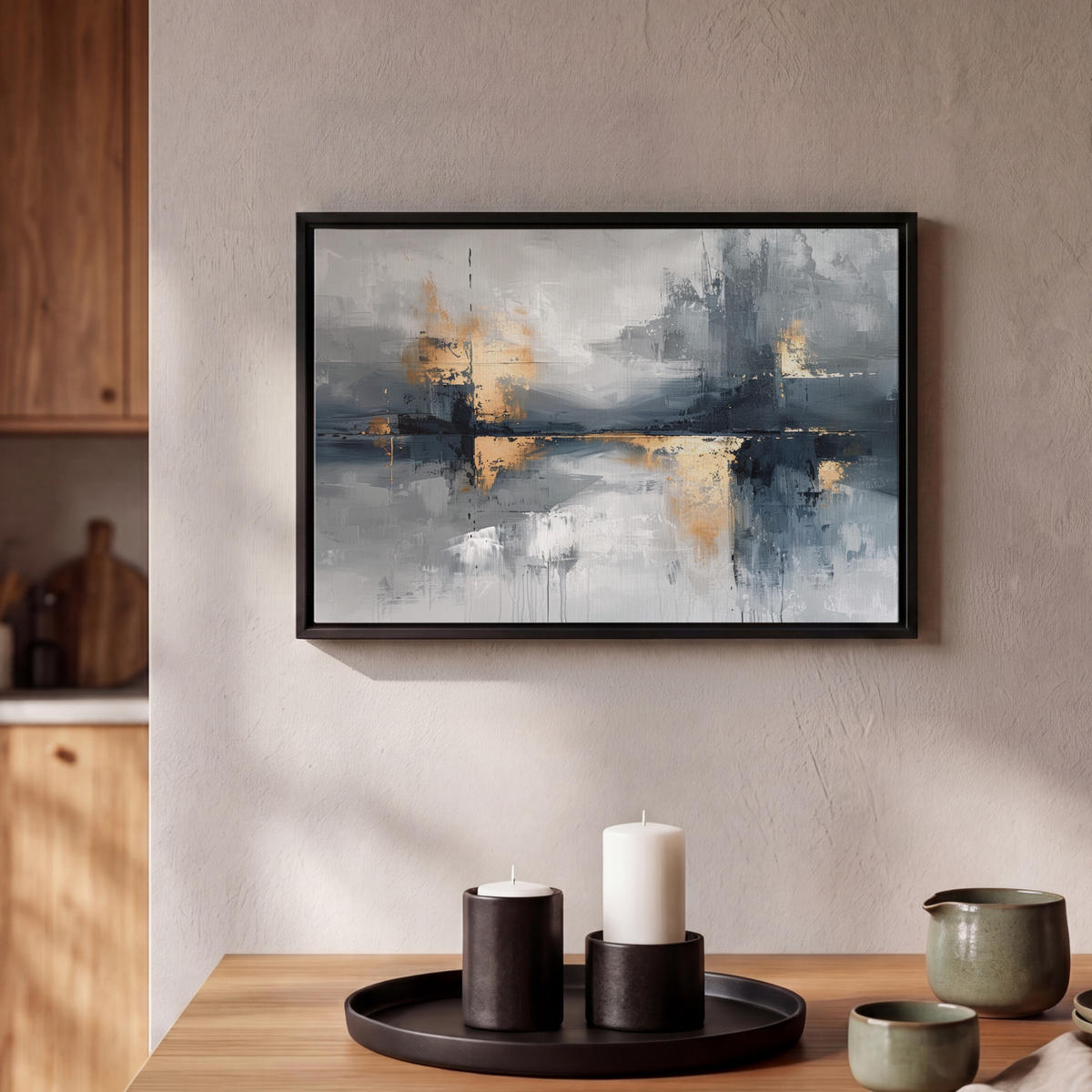 LEINWAND Bilder mit Rahmen - Kunst - Grau - Gold - Abstrakt - 30x20 - Dunkelgrau, Textil (30/20cm) - MuchoWow