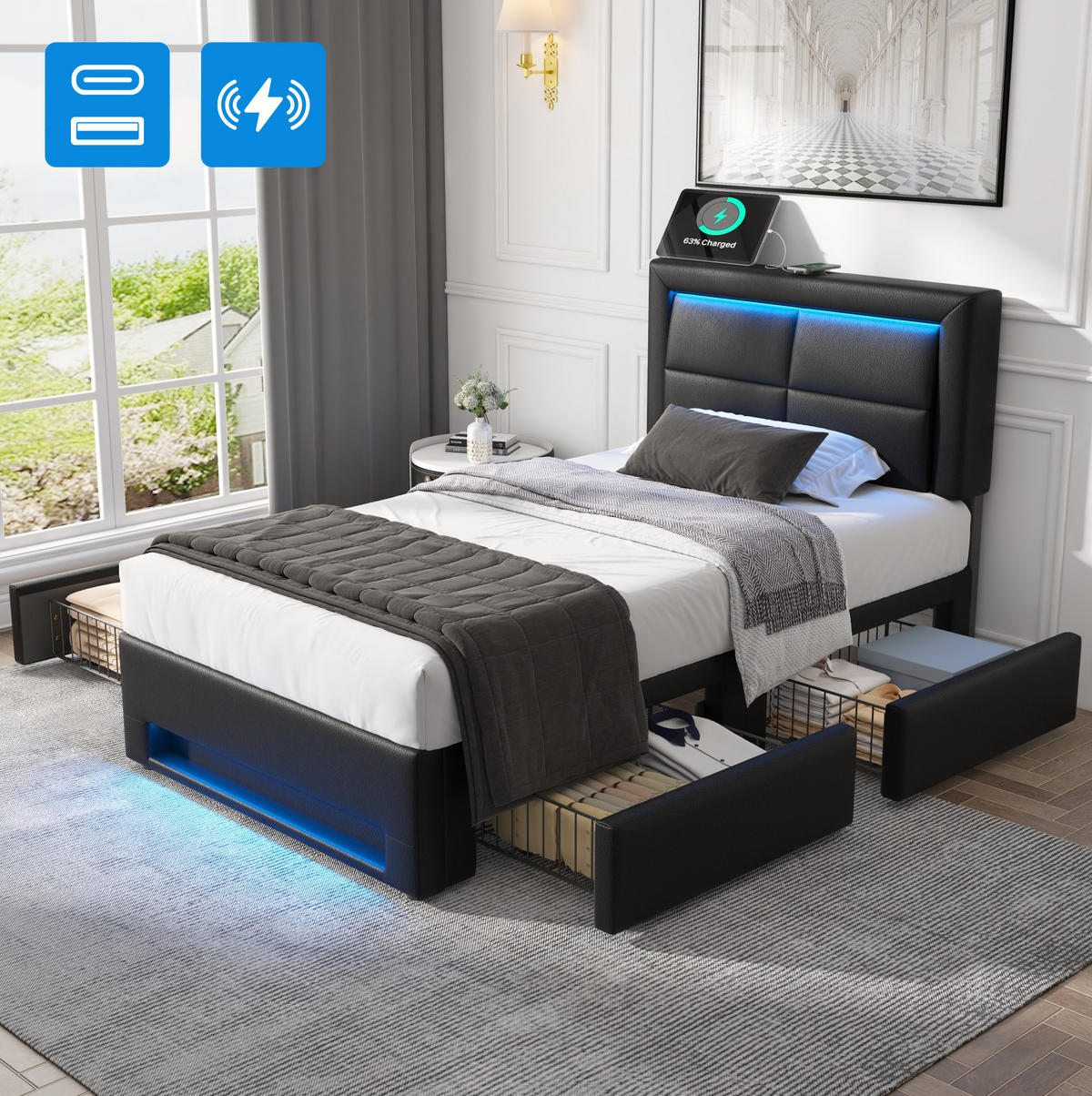 POLSTERBETT 90/190 cm Schwarz aus PU mit LED-Beleuchtung und USB-Anschluss - Schwarz, Kunststoff (90/200cm) - OKMYHOME