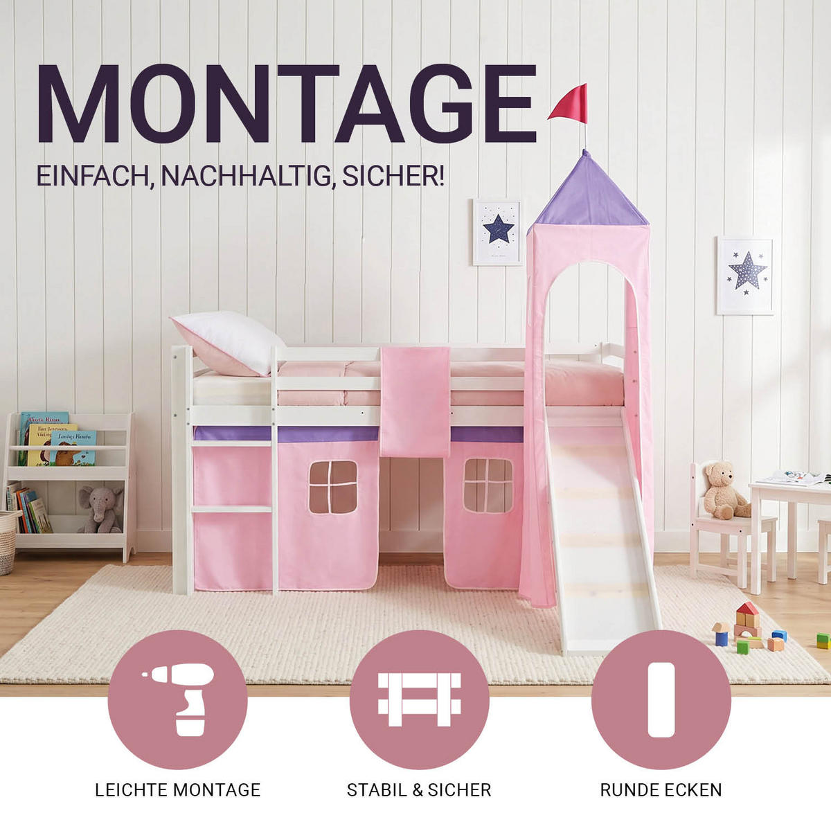 HOCHBETT mit Rutsche Turm 90/200 cm Rosa - Weiß/Rosa, Holz - Homestyle4u