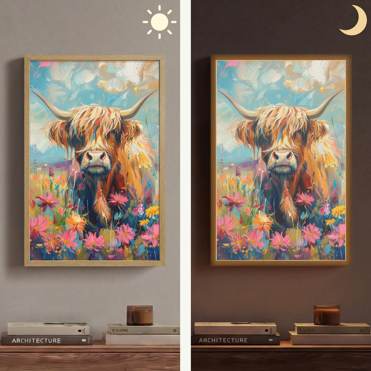 NÁSTĚNNÁ LAMPA S AKUMULÁTOREM Skotský horal - Příroda - Barevné - Květiny 40x60 cm - různobarevná, kompozitní dřevo (40/60/8cm) - OnlyWow