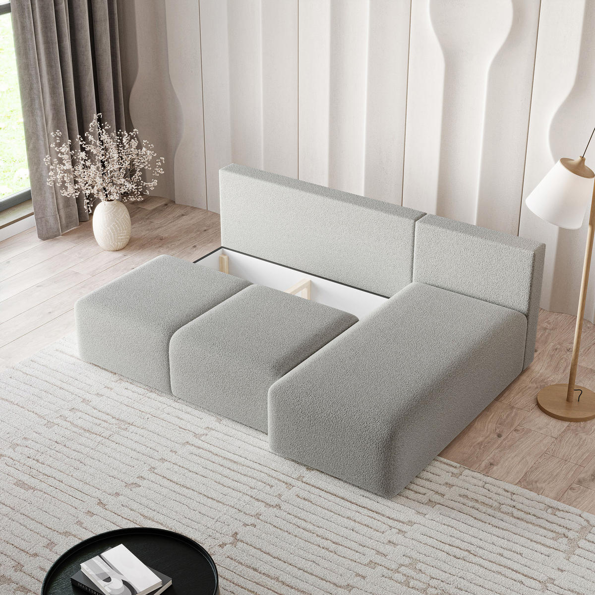 ECKSOFA TRAMA Beige Boucle-Stoff mit Schlaffunktion - Beige, Holz (200/143cm) - MASSENO