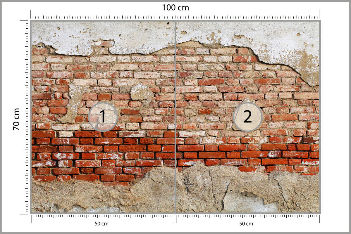 FOTOTAPETE für Wohnzimmer Alte Rissige Rote Ziegelwand Rustikal 100x70 - Beige/Rot, Papier (100/70cm) - Muralo