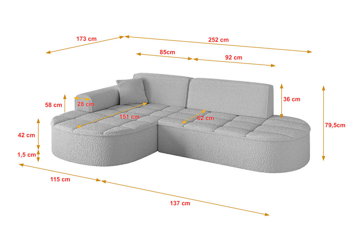 ECKSOFA Ottomane Links LIVO-L1 - 252x173x79,5 cm Hellgrau - Hellgrau, Holzwerkstoff/Textil (252/173cm) - ALTDECOR