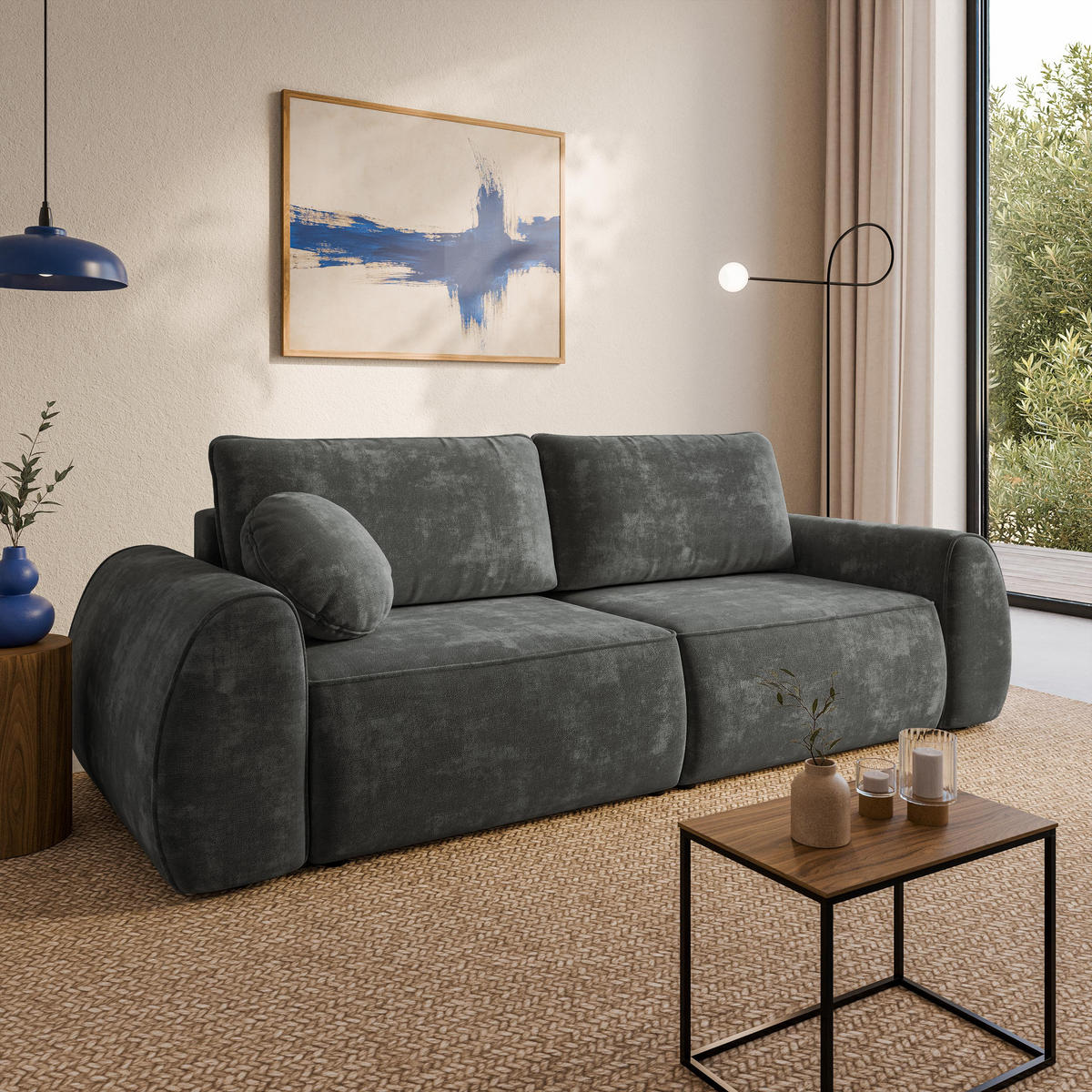 BETTSOFA ZEFEO Grau Chenille-Stoff mit Schlaffunktion - Grau, Textil (264/96/106cm) - MASSENO