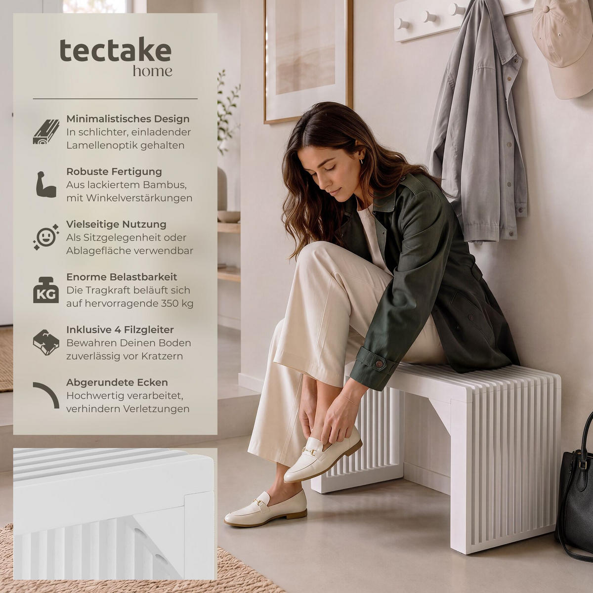 SITZBANK Ribb, Belastbarkeit 350 kg, weiß - Weiß, Holz (73/43/35cm) - tectake