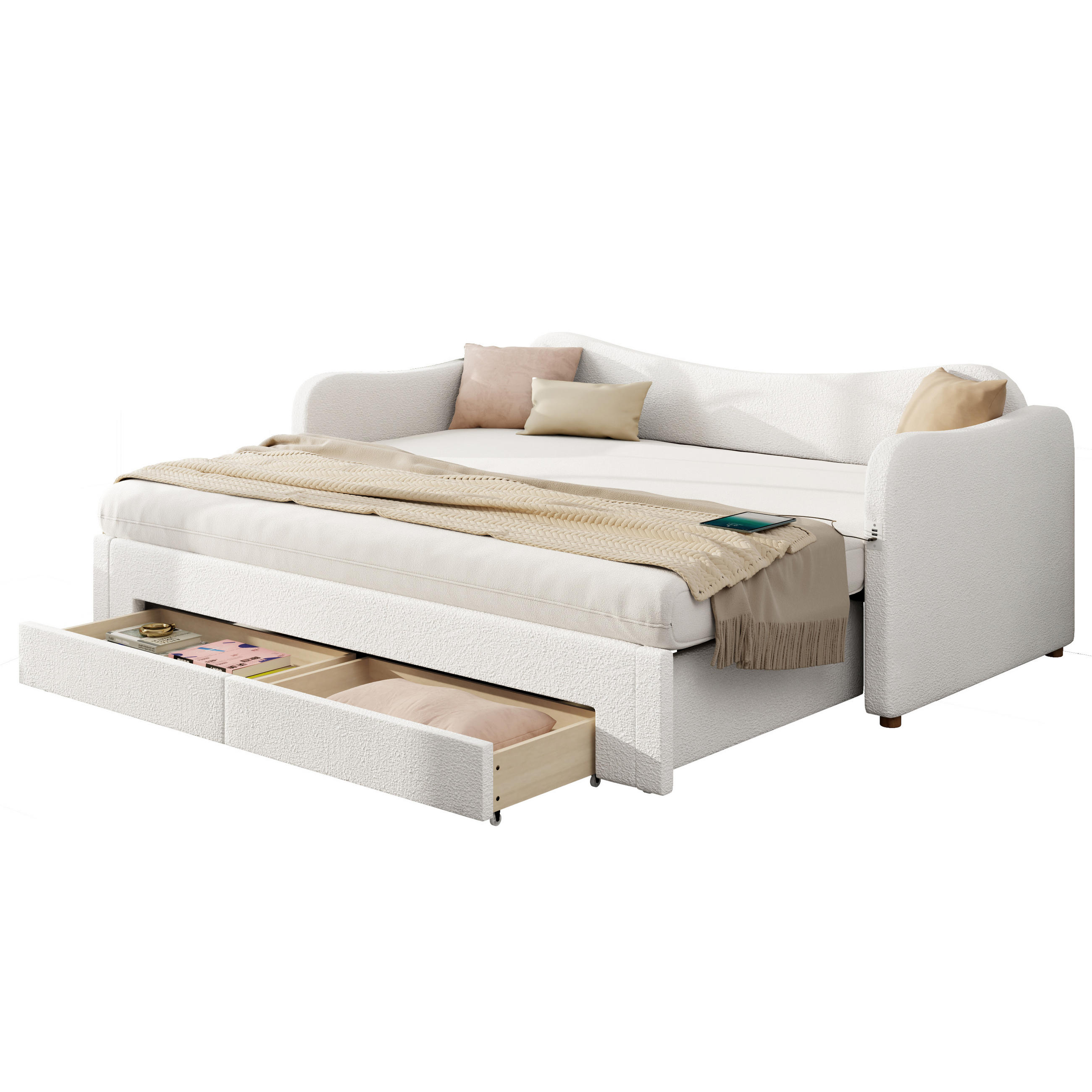 POLSTERBETT aus Schleife 90x200/180x200 cm in Beige mit 2 Schubladen & USB/Typ-C - Beige, Textil (90/200cm) - Modfu