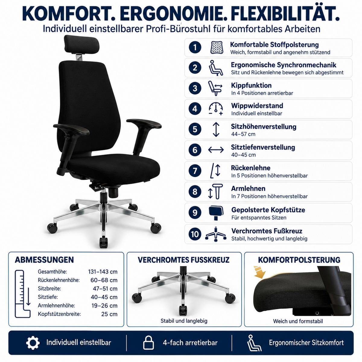 CHEFSESSEL V1404 Stoff Schwarz - ergonomisch, 150 kg belastbar, Sitzhöhe 44-57cm - Schwarz, Kunststoff/Textil (65/131/64cm) - Versee