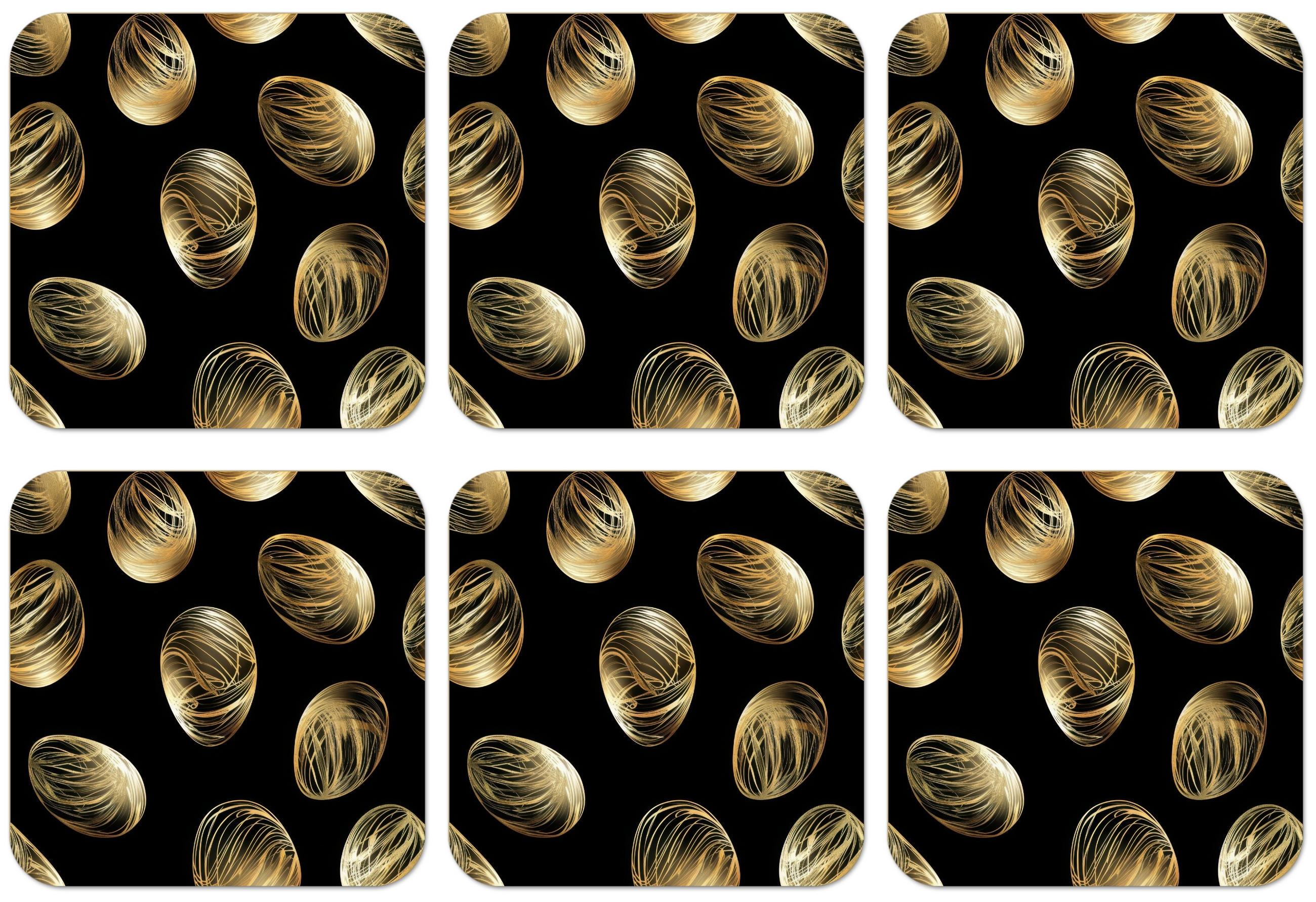 GLASUNTERSETZER 6er-Set Eier - Gold - Muster Tischset für Gläser 10x10 cm - Schwarz, Naturmaterialien (10/0.2cm) - MuchoWow