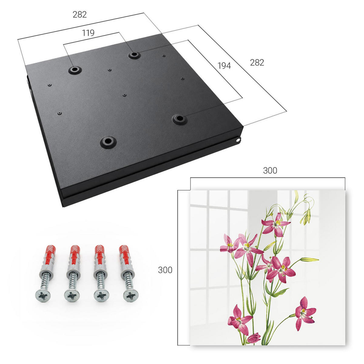 SCHLÜSSELBOX Schwarz 30x30 cm- Türöffnung nach rechts - Rosa Blüten - Pink, Metall (30/30/5cm) - TULUP