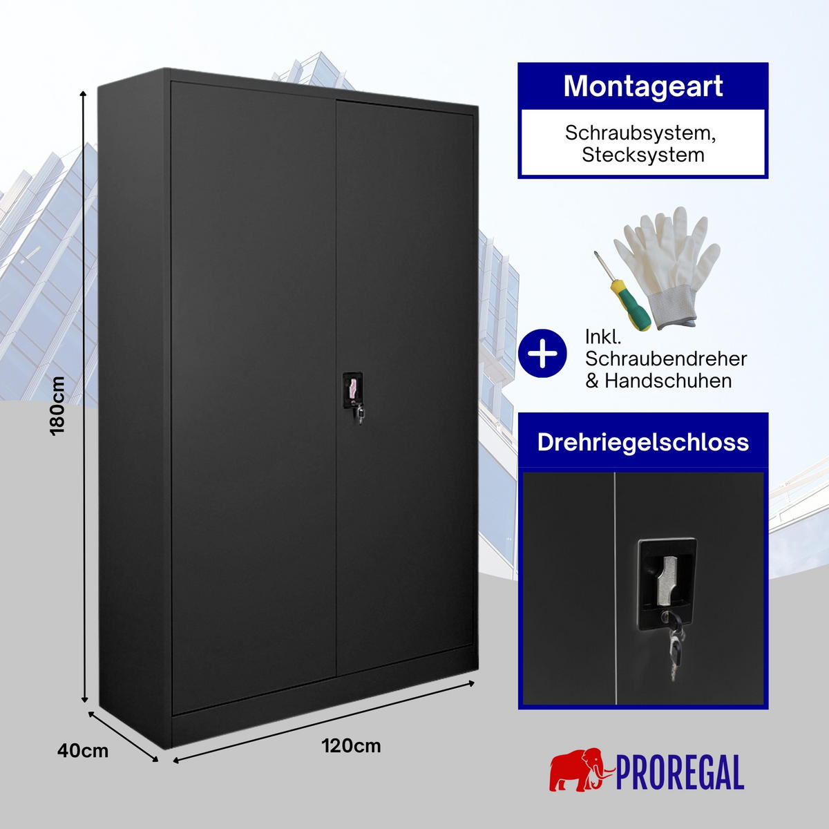 FLÜGELTÜRENSCHRANK Elephant 180x120x40cm 4 Ebenen Schwarz - Schwarz, Metall (120/180/40cm) - PROREGAL