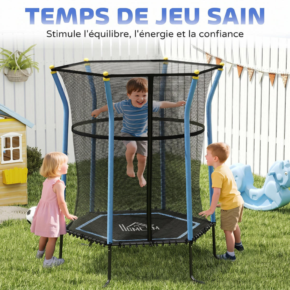 TRAMPOLIN DE-18991 Ø163 cm mit Sicherheitsnetz und Leiter Blau/Schwarz - Blau, Metall (163.5/163.5cm) - ComfortXL