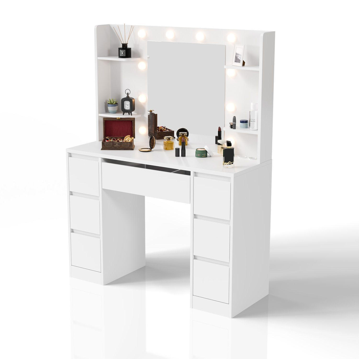 SCHMINKTISCH Malia mit LED - Weiß, Holz (107/140/40cm) - Juskys