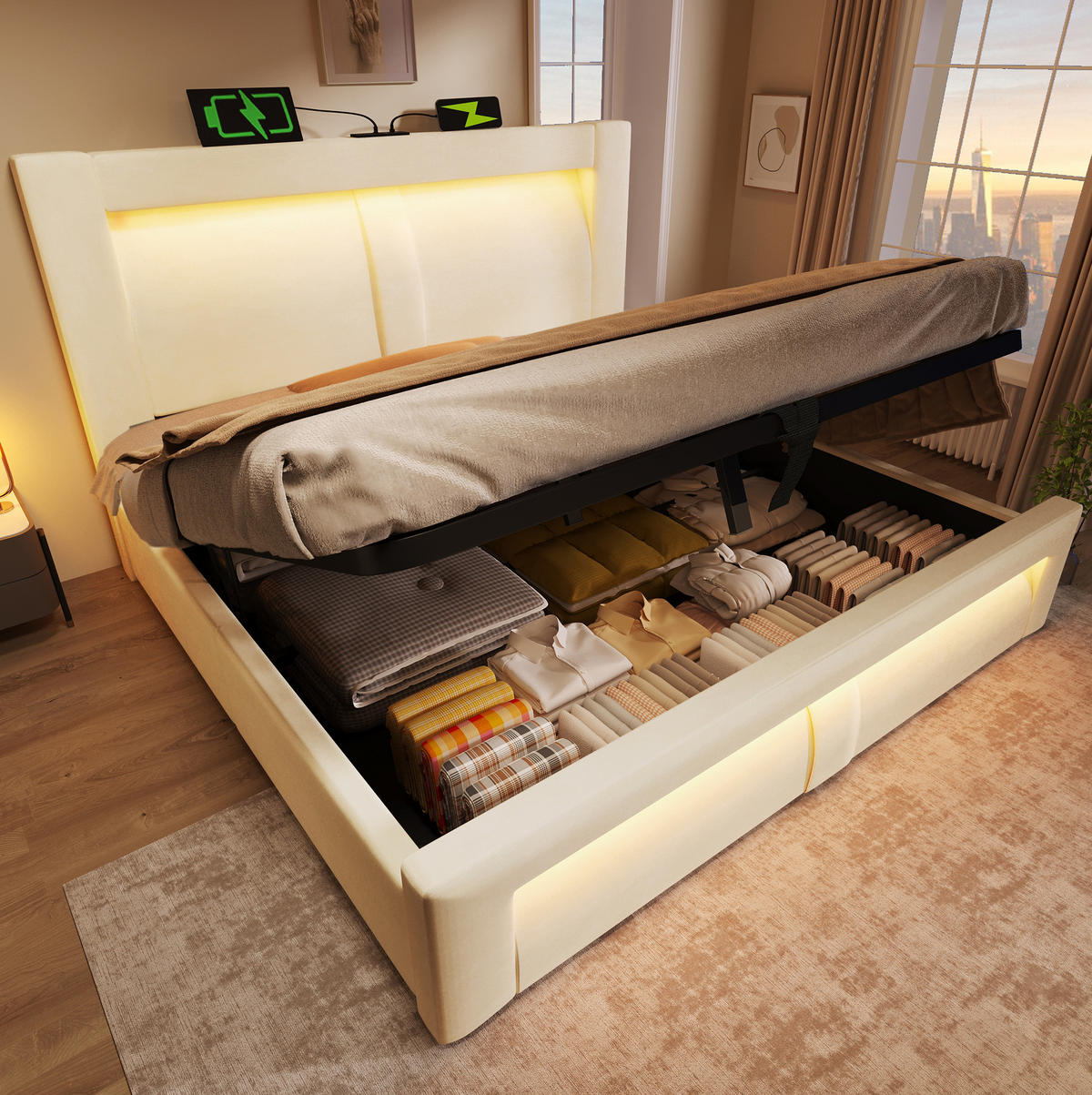 POLSTERBETT 140/200 cm beige aus Samt mit Stauraum, LED und USB-C - Beige, Textil (140/200cm) - OKWISH