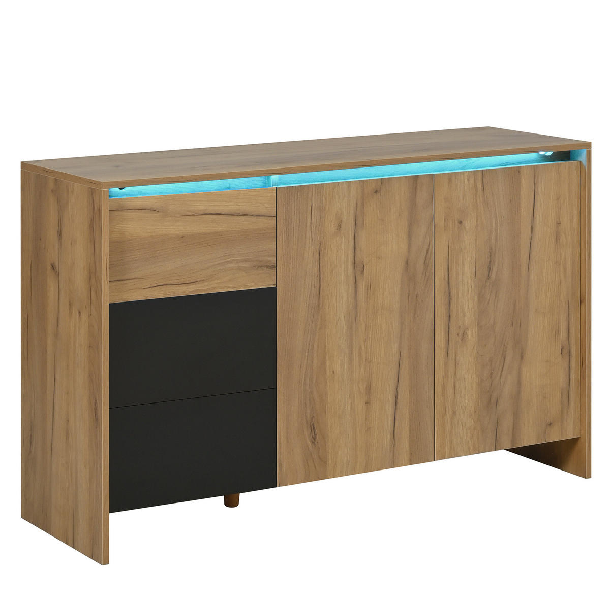 SIDEBOARD aus Spanplatte 105x40x76 cm Natur/Schwarz mit LED-Beleuchtung, 3 Schubladen und 2 Türen - Schwarz, Holzwerkstoff (120/76/40cm) - Modfu