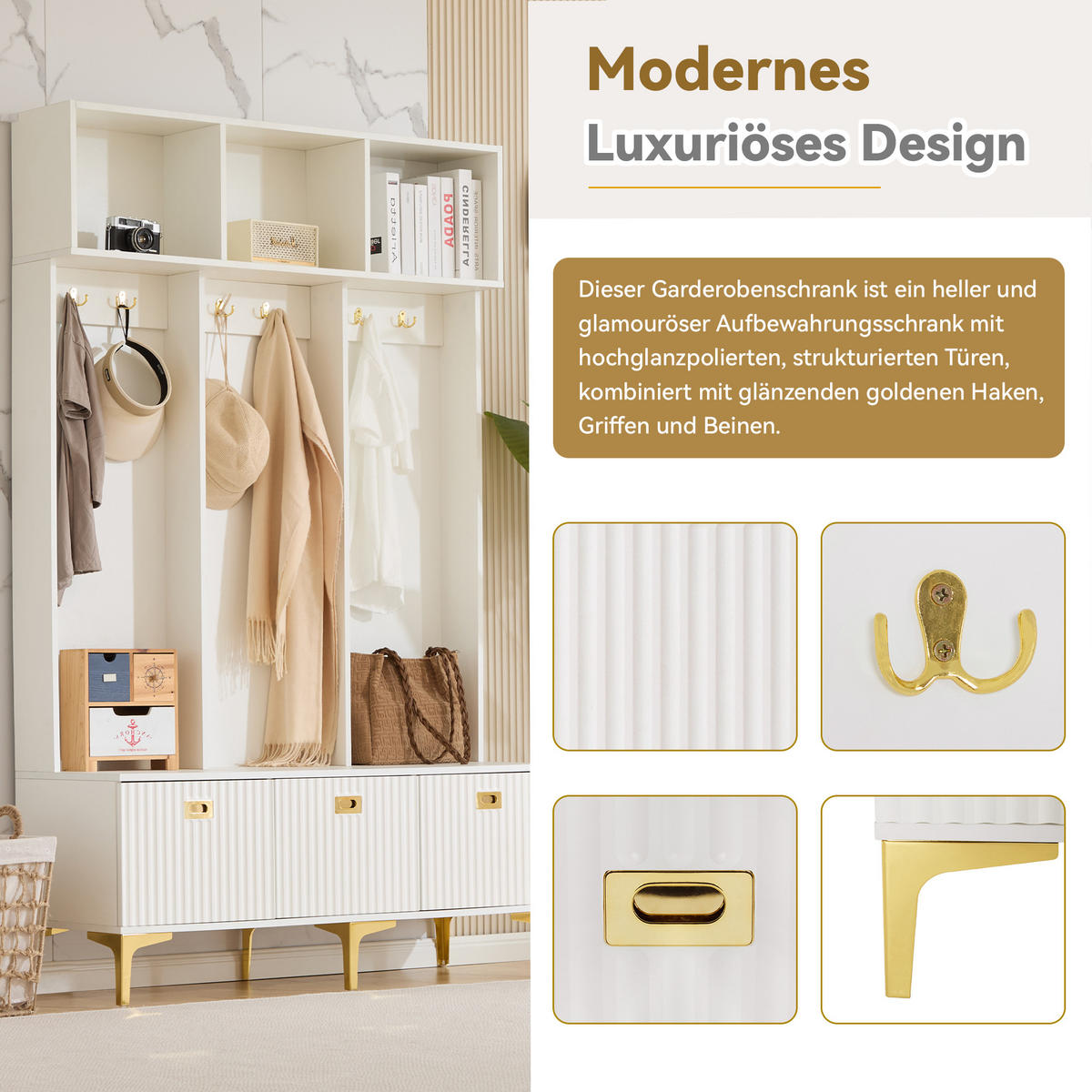 GARDEROBEN weiß & gold, mit sitzbank und 6 haken - Weiß, Holzwerkstoff (120/191/40cm) - Urban Meuble