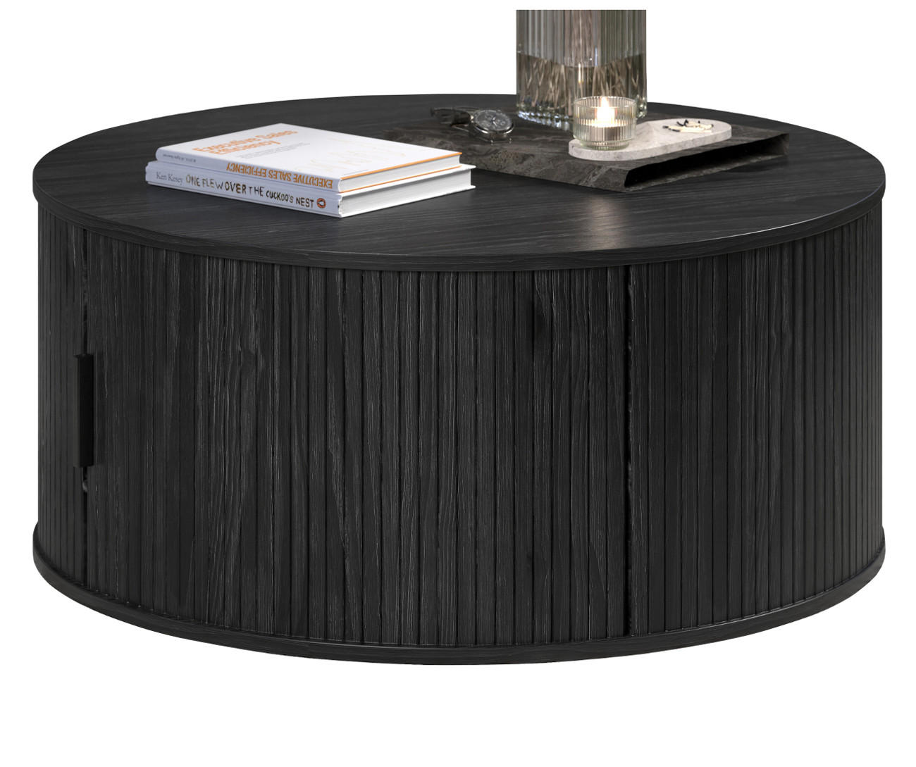 COUCHTISCH Esche schwarz rund 80 cm, Beistelltisch mit Stauraum - Schwarz, Holzwerkstoff/Kunststoff (80/80/36cm) - Top.Furn