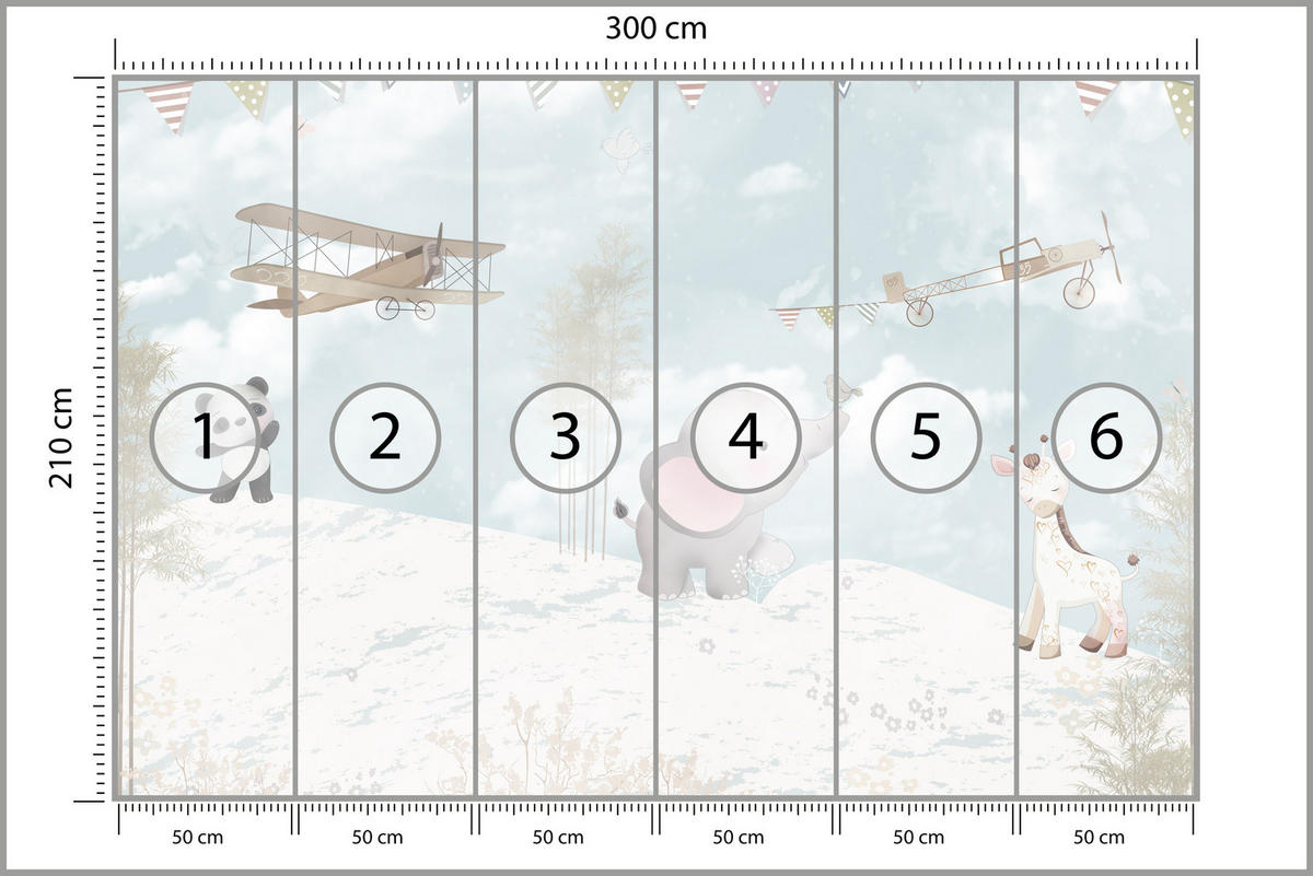 FOTOTAPETE für Kinderzimmer Boho Elefant Panda Giraffe Pflanze Flugzeug 300x210 - Multicolor, Papier (300/210cm) - Muralo