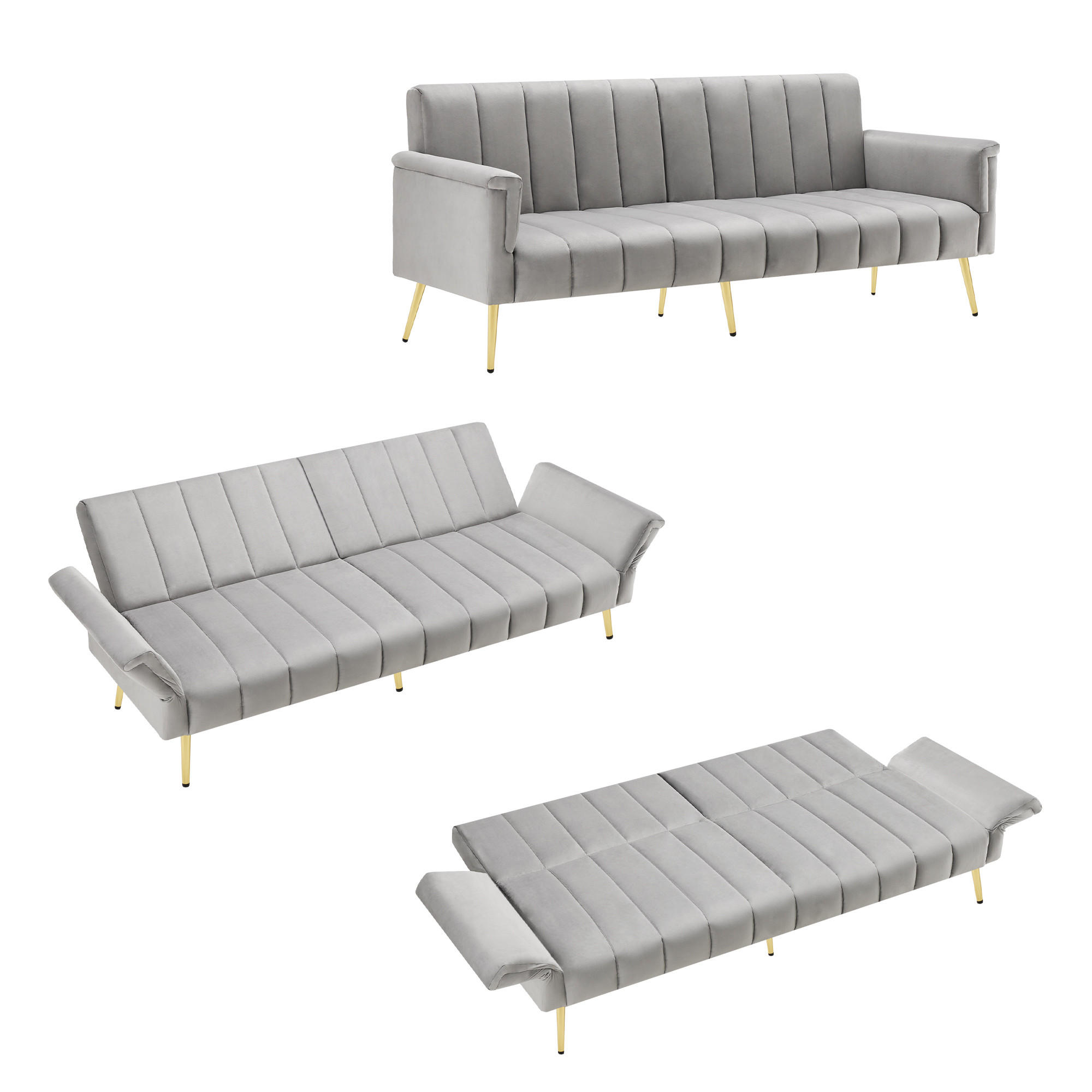 SCHLAFSOFA klappbar mit Hilfsfüßen und Samtstoff - Grau, Textil (183/75/76cm)