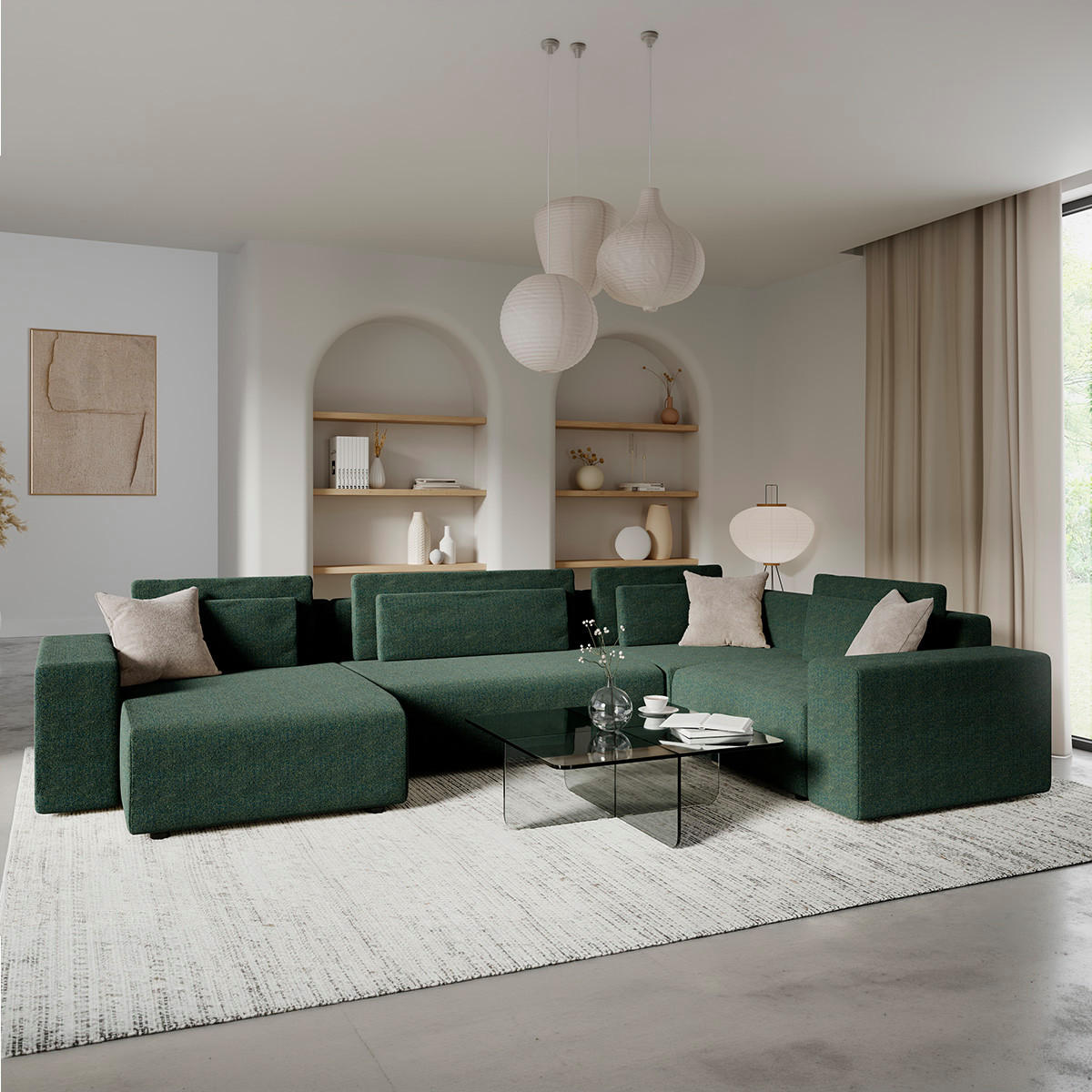 PANORAMASOFA Lorenzo 5 Sitzplätze Grün - Grün, Holz (378/85/236cm) - Petits-meubles