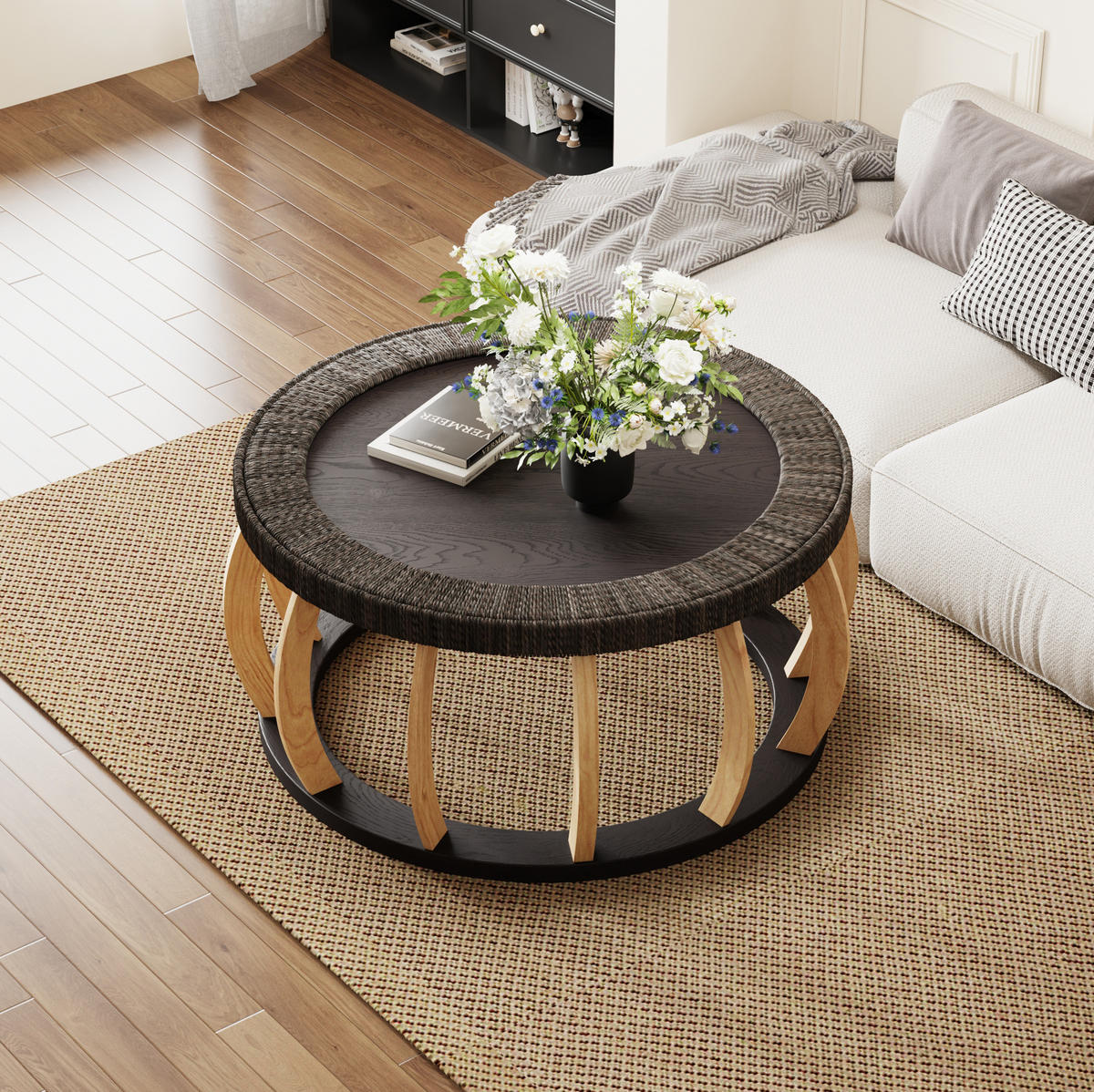 COUCHTISCH 90/90/43 cm mit runder Tischplatte, MDF und geschwungenen Massivholzbeinen in Rattan-Optik, Schwarzbraun - Schwarz, Holzwerkstoff (90/90/43cm) - Redom