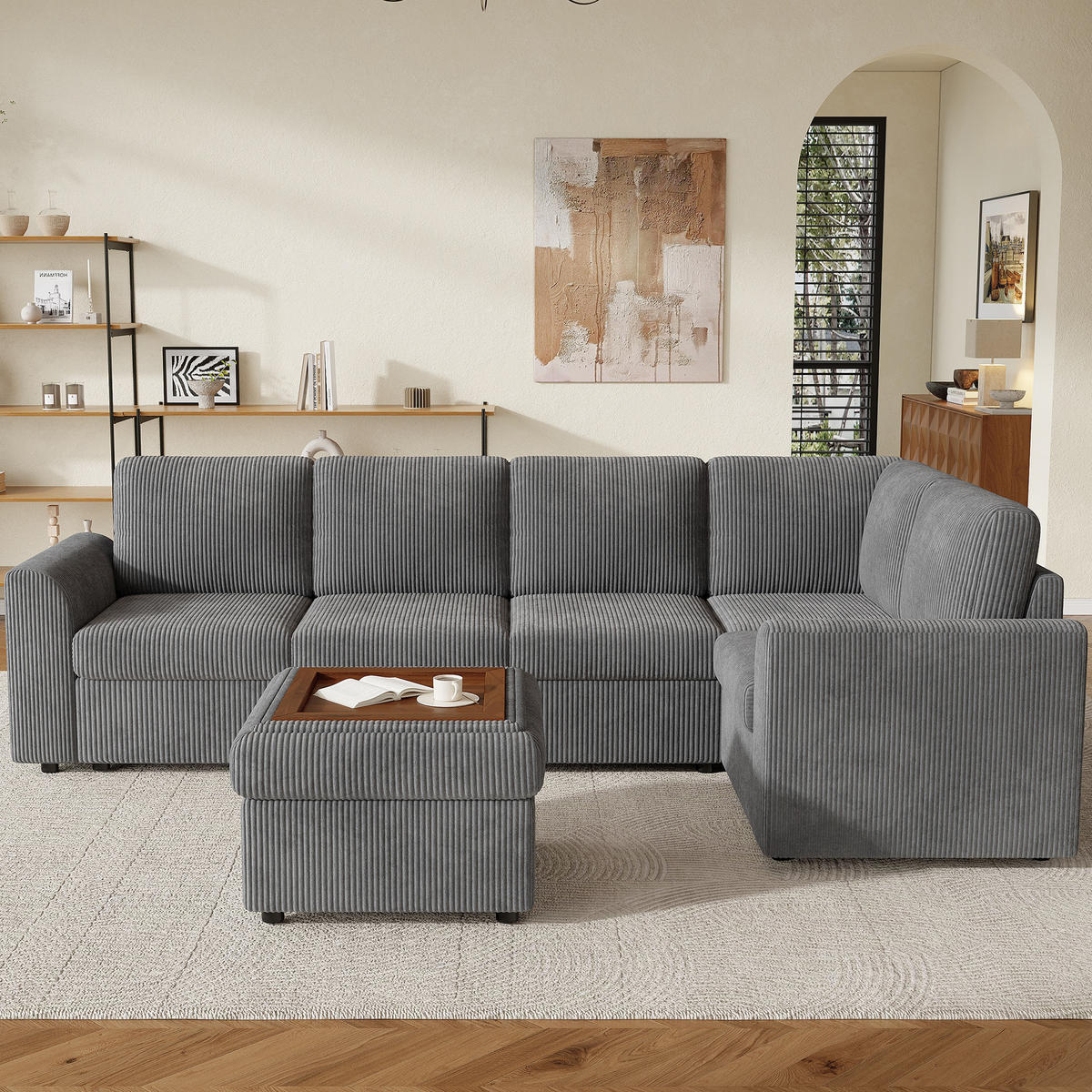 SOFA Grau L-Form Cord Ecksofa Hocker Schaumstoff 282cm - Grau, Textil (153/85/282cm) - FLIEKS