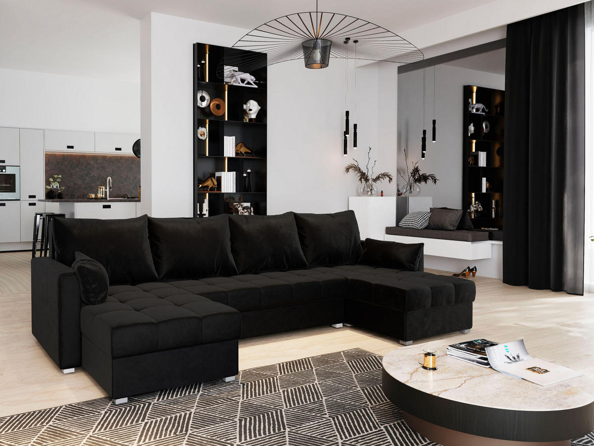 WOHNLANDSCHAFT NAKO Schwarz Plüsch-Stoff mit Schlaffunktion - Schwarz, Holz (285/85/140cm) - MASSENO