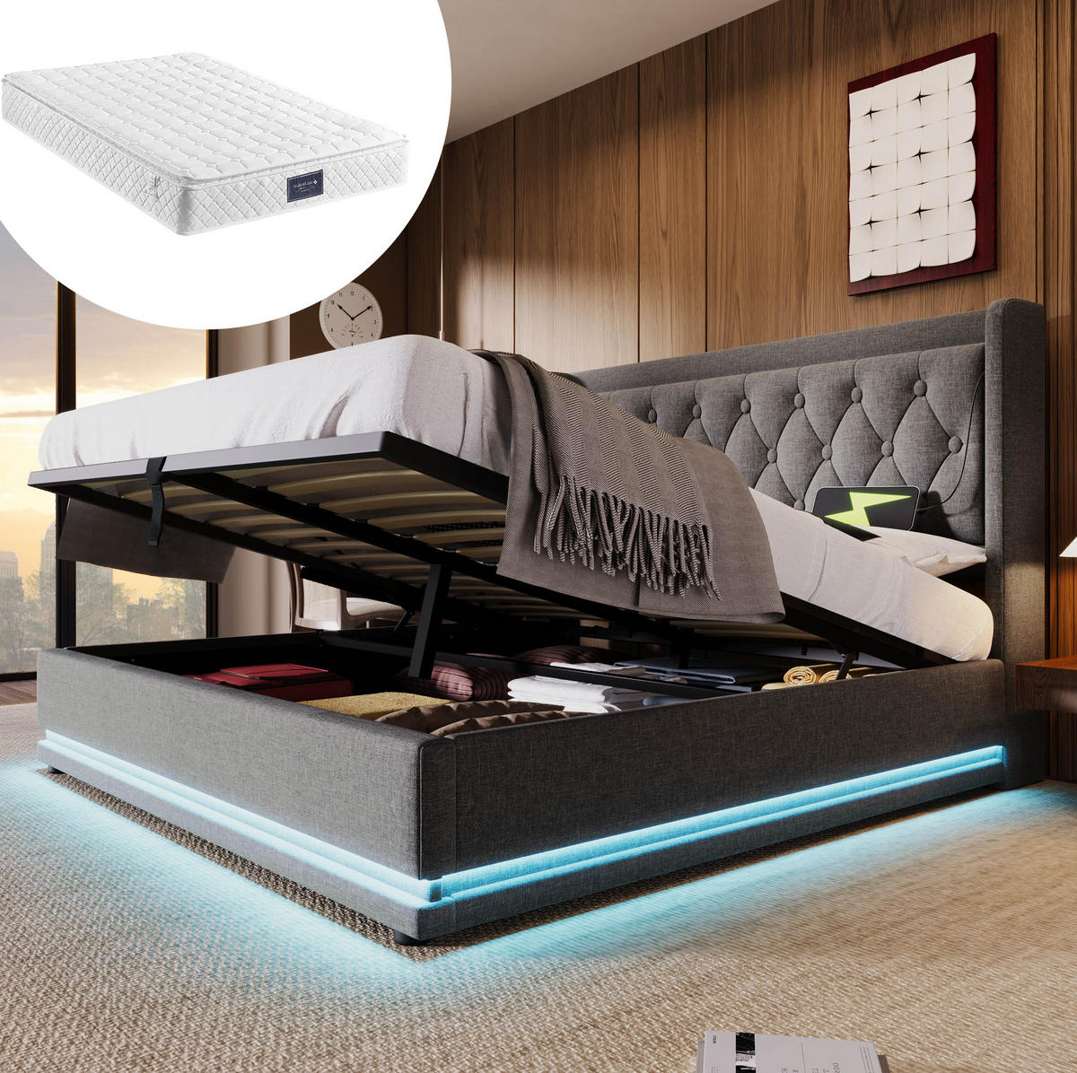 POLSTERBETT 140/200 cm mit Matratze, USB- und Typ-C-Anschluss, Matratze, hydraulischem Stauraum und 3-seitiger LED-Beleuchtung, Grau - Grau, Textil (140/200cm) - Redom