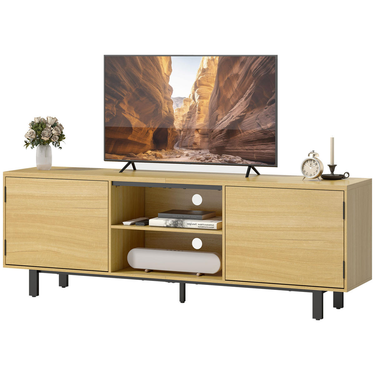 TV-LOWBOARD Naturfarben/Schwarz 160/35/55,5 cm, Push-to-Open, 2 Türen - Naturfarben, Holzwerkstoff (160/55.5/35cm) - PANGIVO
