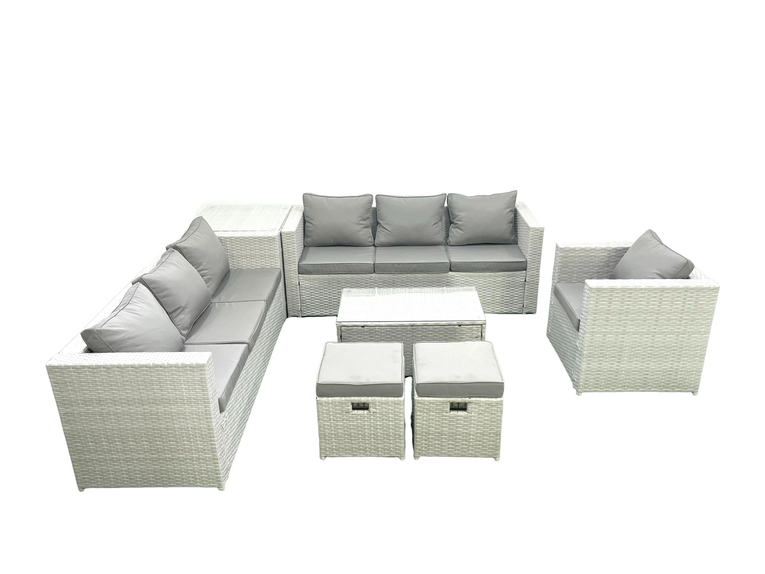 GARTENGARNITUR mit 3-SITZER SOFA,COUCHTISCH Polyrattan Hellgrau-Mix 9-Sitzer - Hellgrau/Grau, Glas/Kunststoff - Fimous
