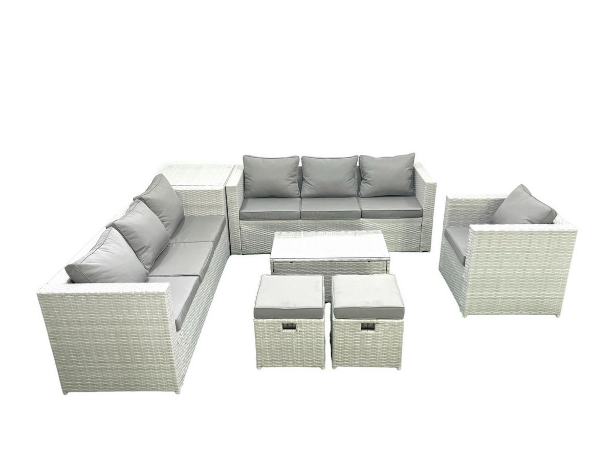 GARTENGARNITUR mit 3-SITZER SOFA,COUCHTISCH Polyrattan Hellgrau-Mix 9-Sitzer - Hellgrau/Grau, Glas/Kunststoff - Fimous